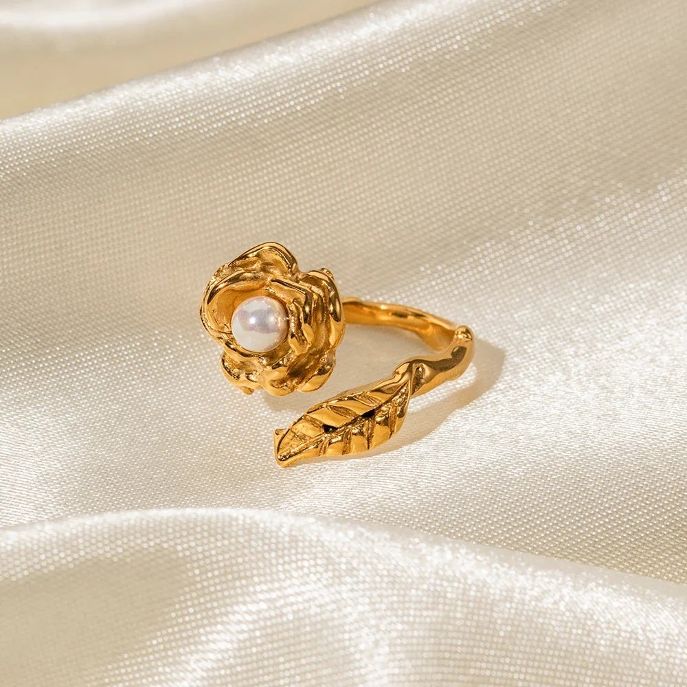 Adjustable Pearl Camellia Flower Ring