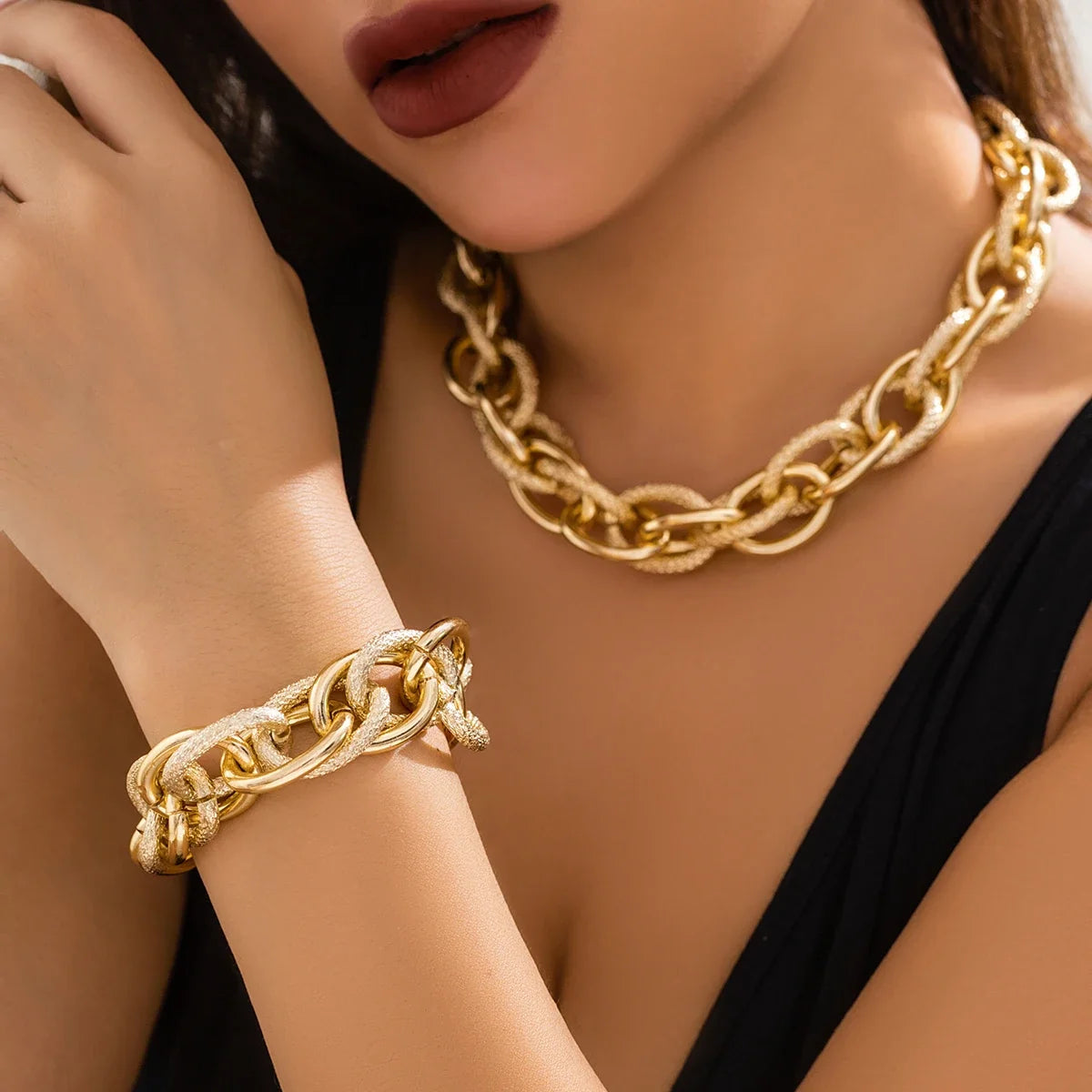 Bold Chunky Woven Dual Chain Bracelet and Necklace Set