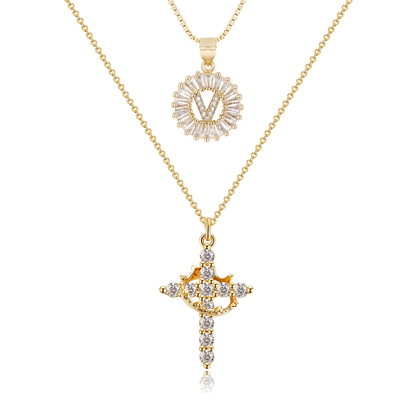 2pc 14k Diamond Cross Crown & Initial Necklace Set