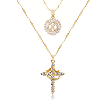 2pc 14k Diamond Cross Crown & Initial Necklace Set