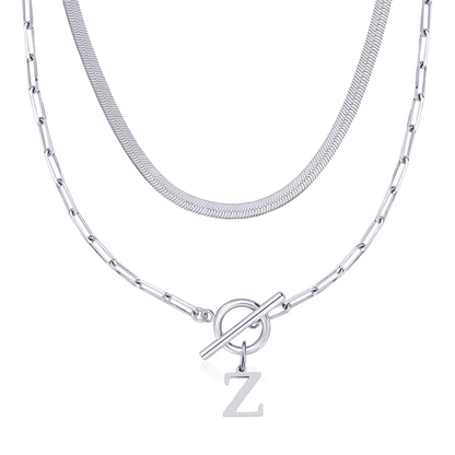 2pc Paperclip Initial Toggle Clasp & Herringbone Necklace Set