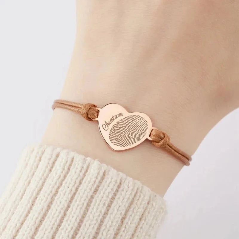Adjustable Heart Custom Name & Fingerprint Rope Bracelet