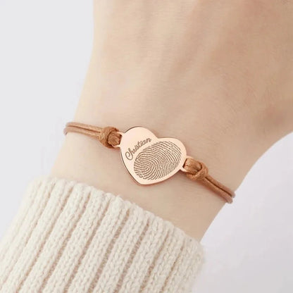 Adjustable Heart Custom Name & Fingerprint Rope Bracelet