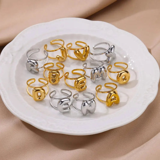 Adjustable Open Band Bubble Letter Initial Ring