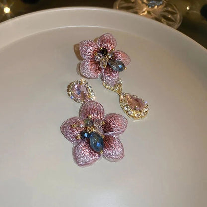Asymmetrical Oriental Hibiscus Crystal Earrings