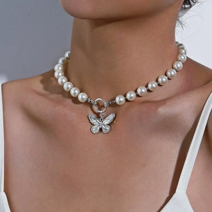 Beaded Pearl Butterfly Pendant Choker Necklace
