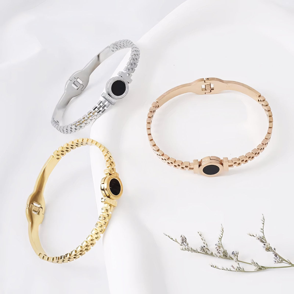 Black Center Roman Numeral Accented Bangle Bracelet