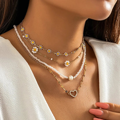 Boho Spring Daisy Necklace Stack