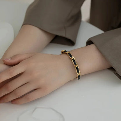 Braided Gold and Black Chain Leather Bracelet