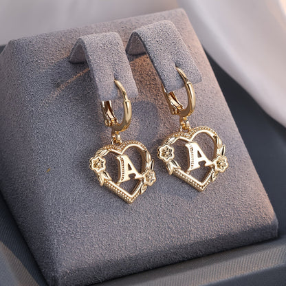 Dainty Initial Letter Heart Hoop Earrings