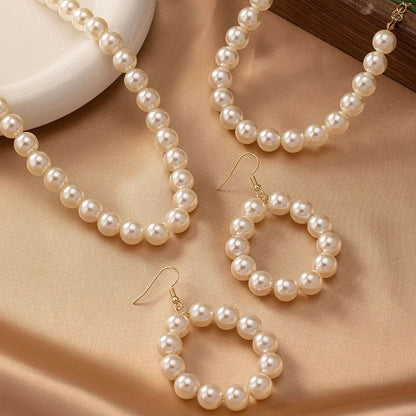 Classy Beaded Pearl Necklace, Bracelet, and Earring Set