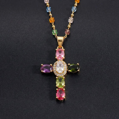 Dainty Colorful Gem Set Cross Necklace