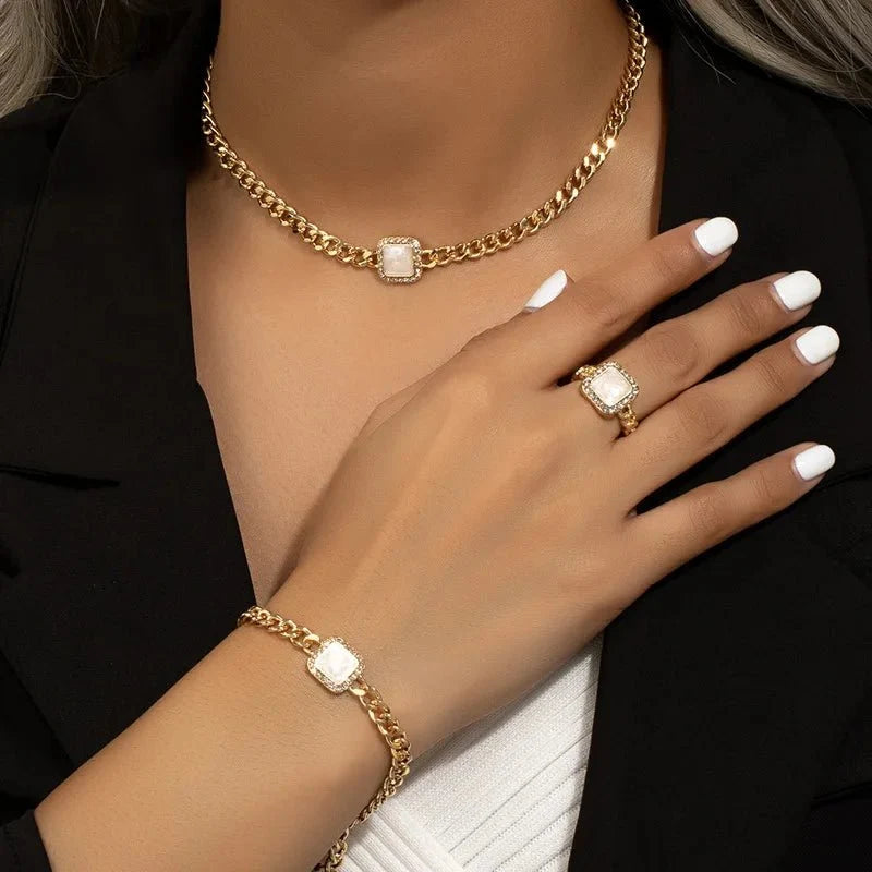 Cuban Square Diamond Necklace, Bracelet, and Ring Set