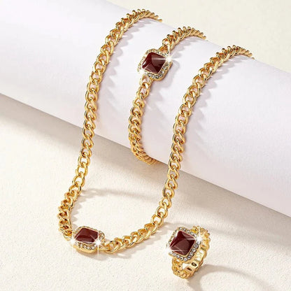 Cuban Square Diamond Necklace, Bracelet, and Ring Set