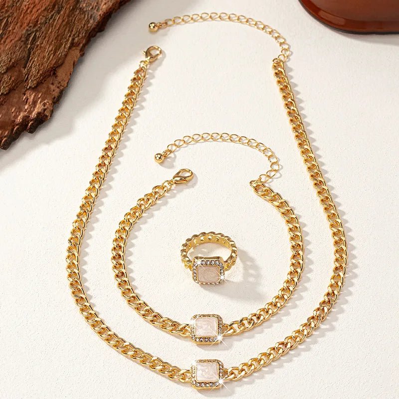 Cuban Square Diamond Necklace, Bracelet, and Ring Set