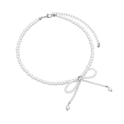 Dainty Beaded Pearl Bow Choker Necklace
