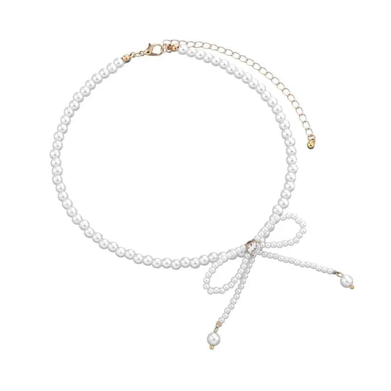 Dainty Beaded Pearl Bow Choker Necklace