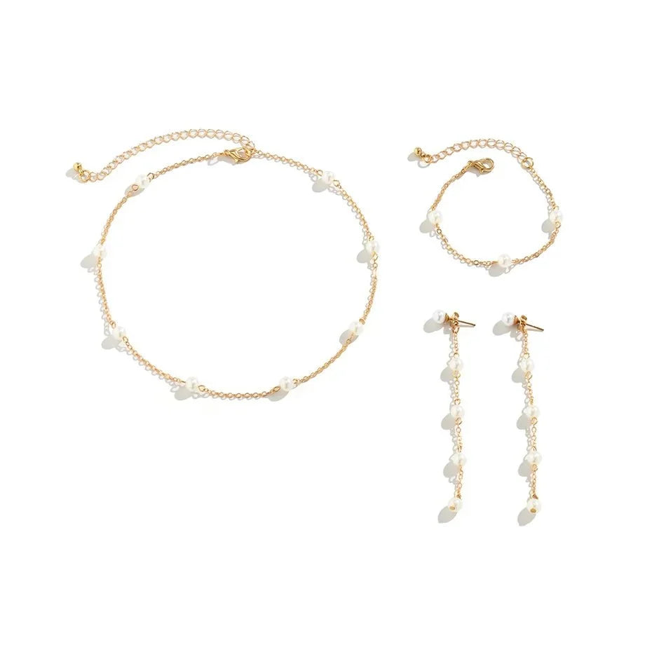 Dainty Chain Pearl Bracelet, Necklace, and Earring Set