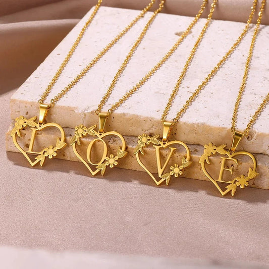 Dainty Floral Heart Letter Initial Necklace