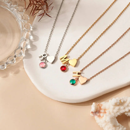 Dainty Heart & Birthstone Letter Initial Necklace