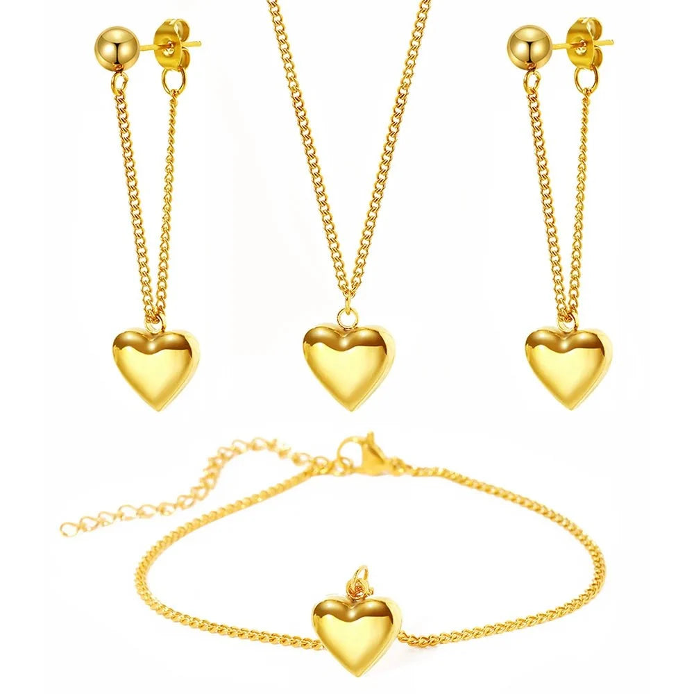 Dainty Heart Chain Necklace, Bracelet, and Earring Set