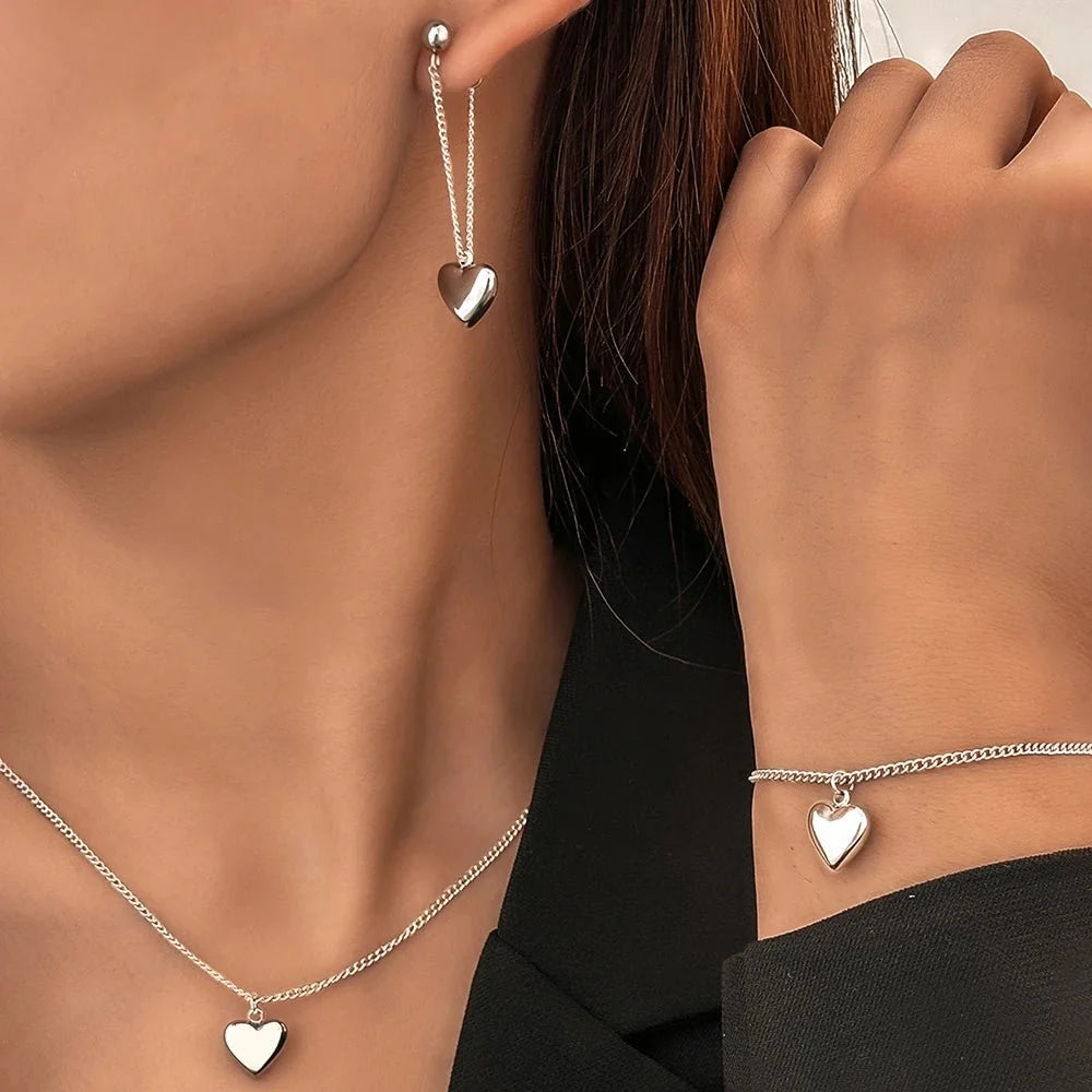 Dainty Heart Chain Necklace, Bracelet, and Earring Set