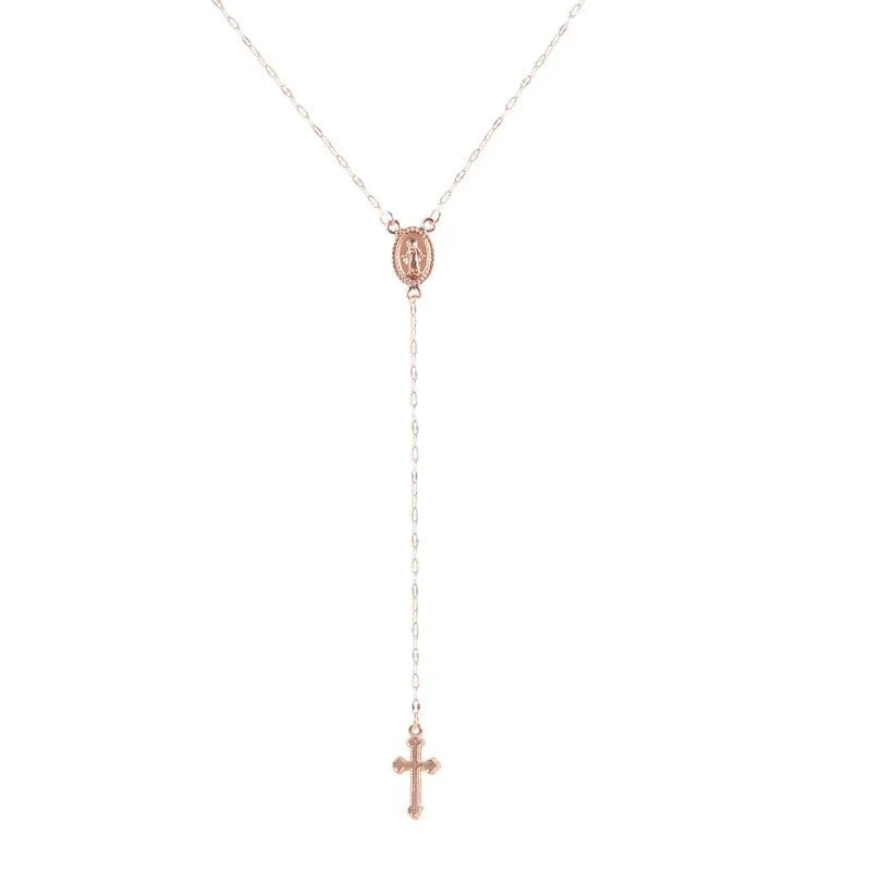 Dainty Lariat Cross Rosary Necklace
