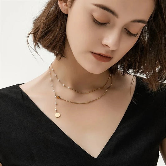 Dainty Layered Pearl Accented Herringbone Necklace
