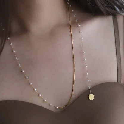 Dainty Layered Pearl Accented Herringbone Necklace