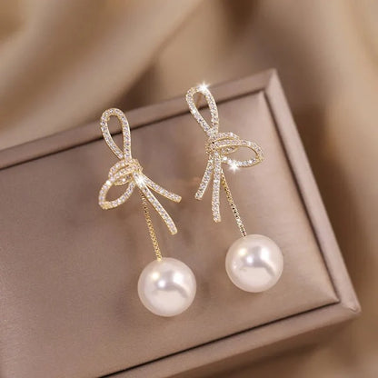 Dazzling Bowknot Pearl Drop Earrings