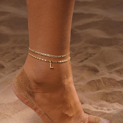 2pc 14k Serif Letter Initial Anklet Set