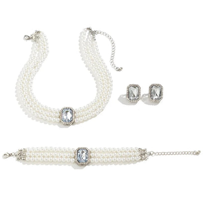 Elegant Pearl Diamond Necklace, Bracelet, and Earring Set