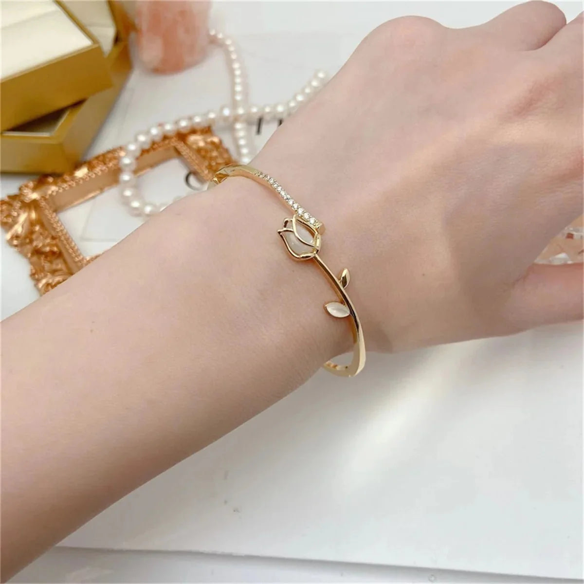Elegant Tulip Opal Diamond Accented Bracelet