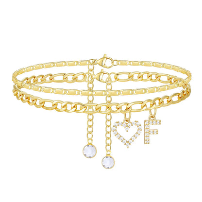 2pc 14k Letter Initial & Diamond Heart Anklet