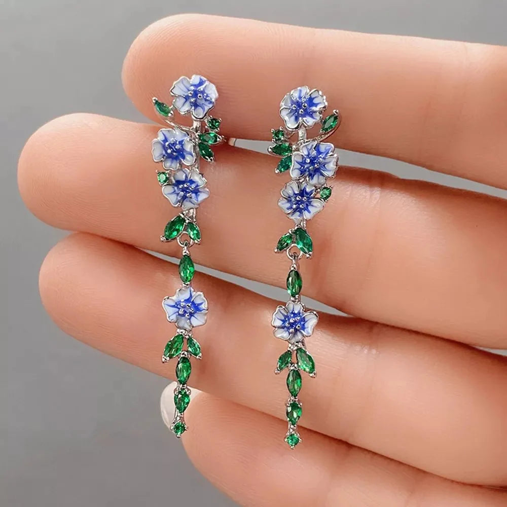 Glossy Blue Floral Dangling Earrings