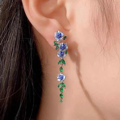 Glossy Blue Floral Dangling Earrings