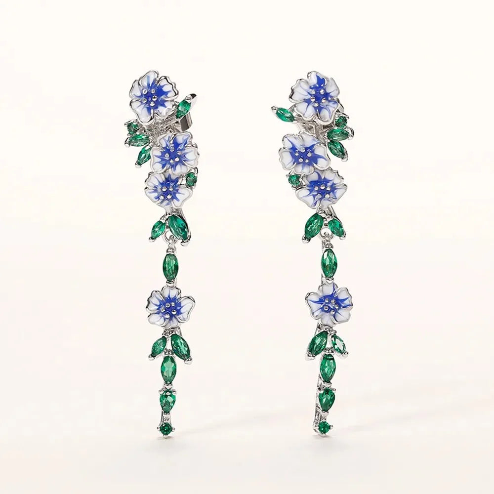 Glossy Blue Floral Dangling Earrings