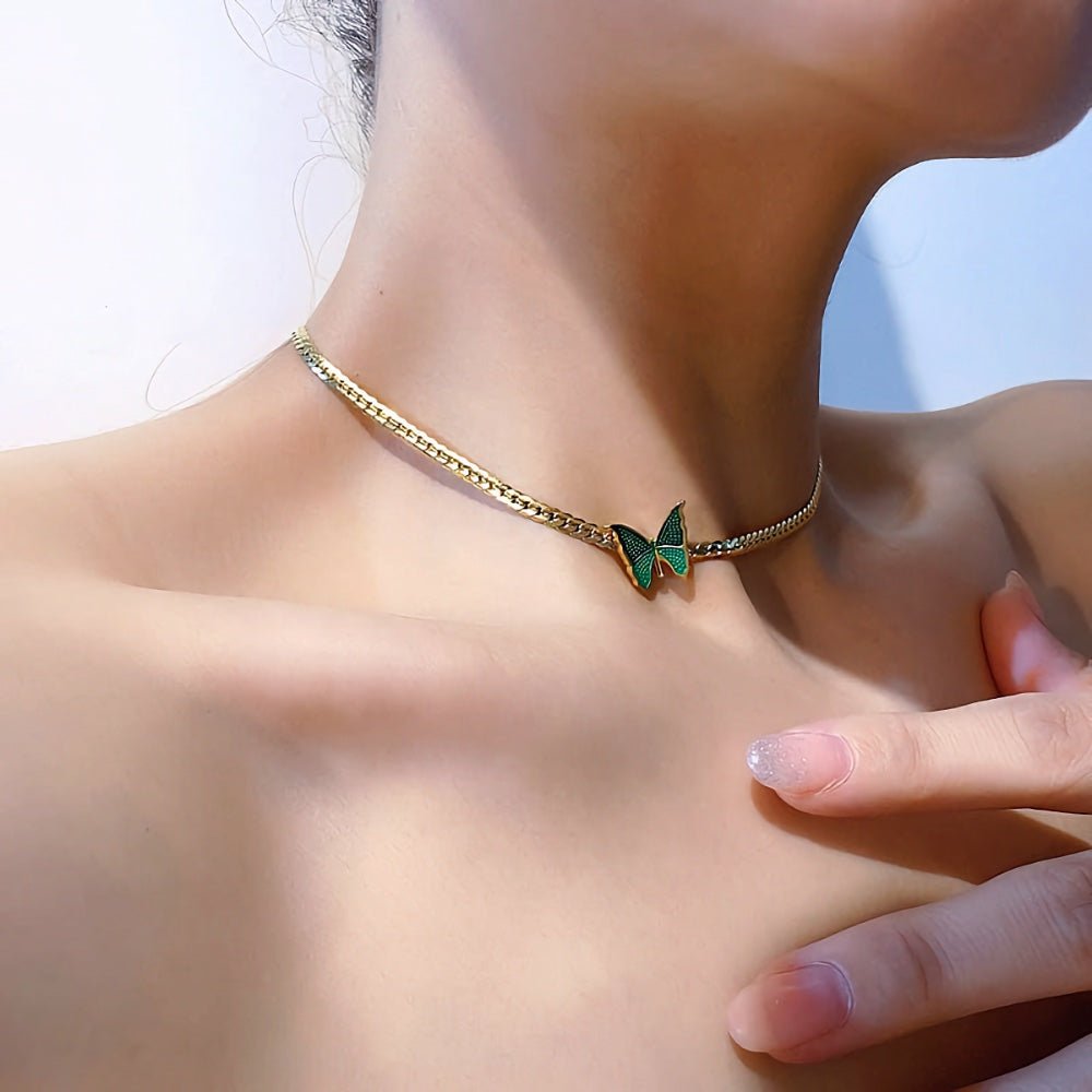 Golden Herringbone Butterfly Choker Necklace
