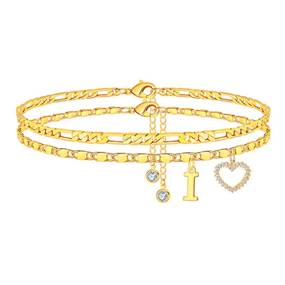 2pc 14k Letter Initial & Diamond Heart Anklet