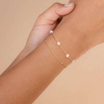 14k 2pc Dainty Pearl & Satellite Bracelet Stack