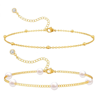 14k 2pc Dainty Pearl & Satellite Bracelet Stack