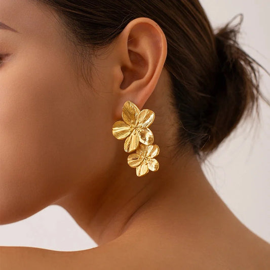 Layered Hibiscus Flower Floral Earrings