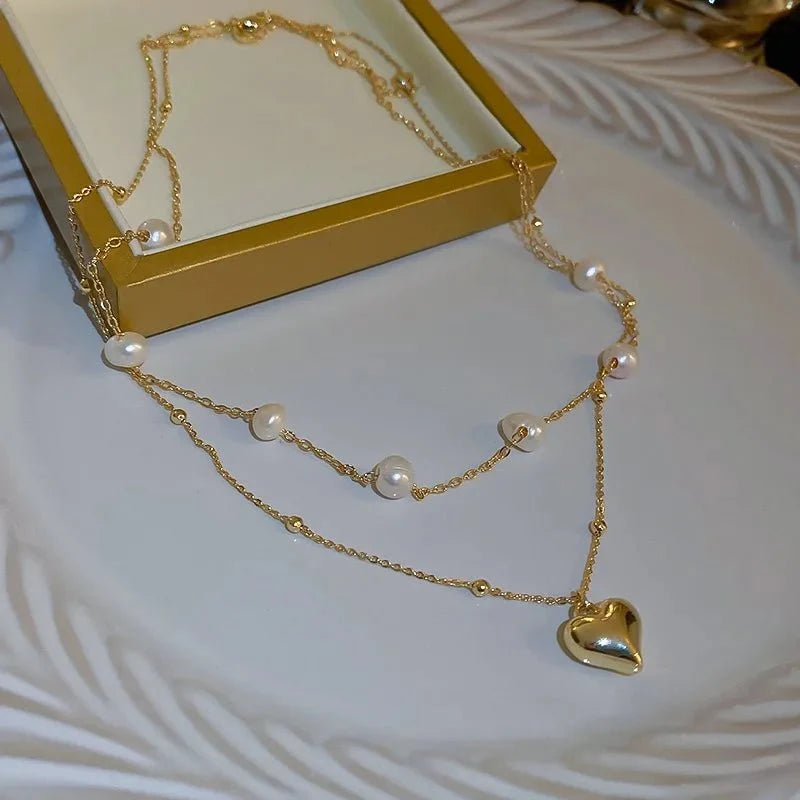 Layered Pearl and Heart Chain Necklace