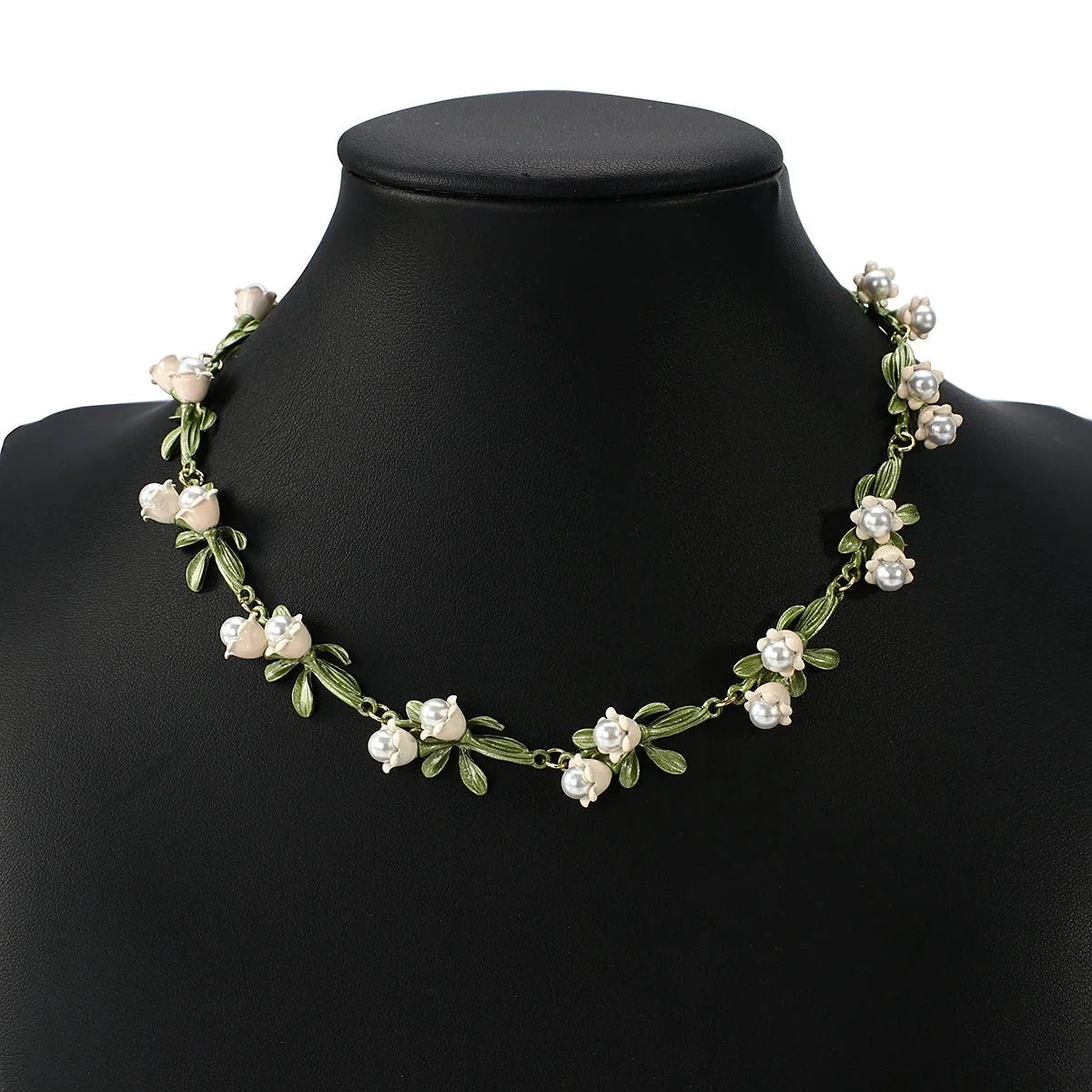 Lily of the Valley Pearl Choker Necklace, Bracelet, and Earrings Set
