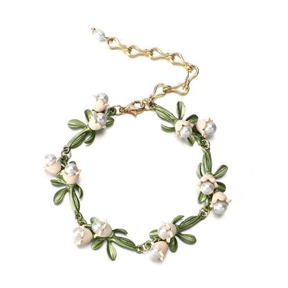 Lily of the Valley Pearl Choker Necklace, Bracelet, and Earrings Set