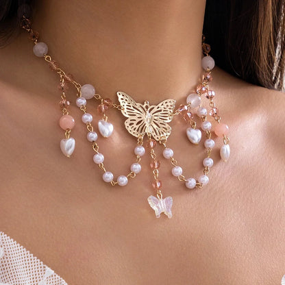 Multi Layered Butterfly Heart Choker Necklace
