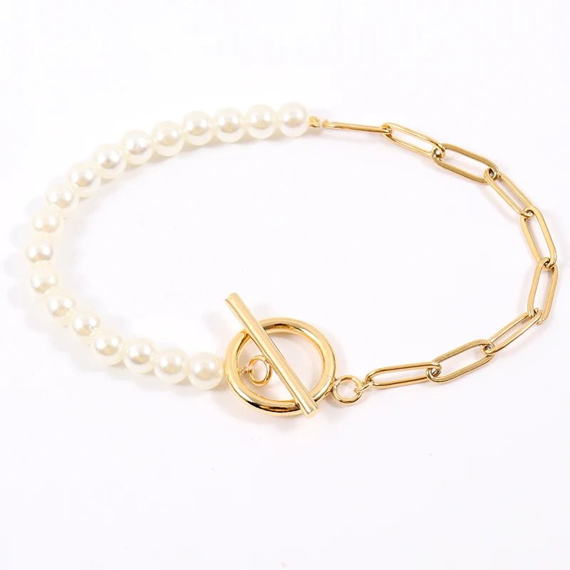 Paperclip Chain Pearl Blended Bracelet and Necklace