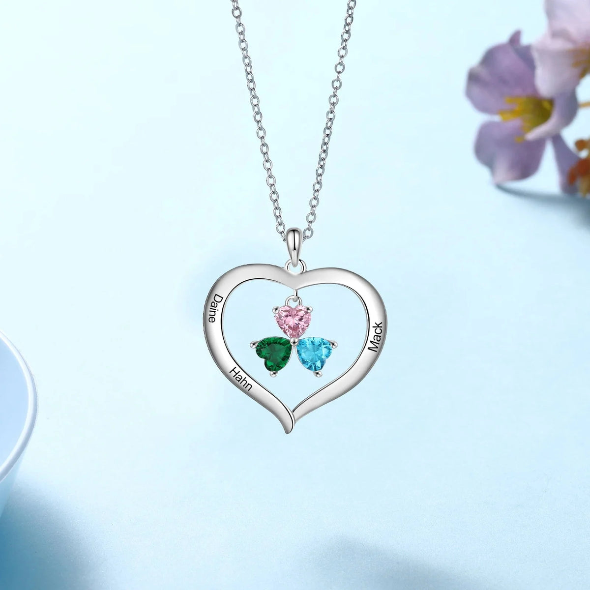 Personalized Name & Birthstone Heart Hanging Pendant Necklace