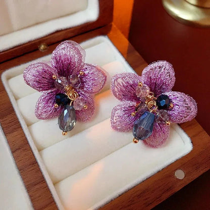 Purple Oriental Hibiscus Floral Earrings