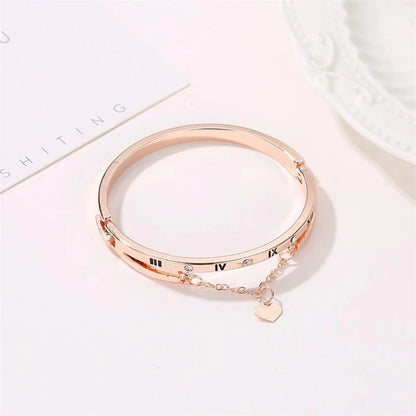 Roman Numeral Heart Dangle Cuff Bracelet